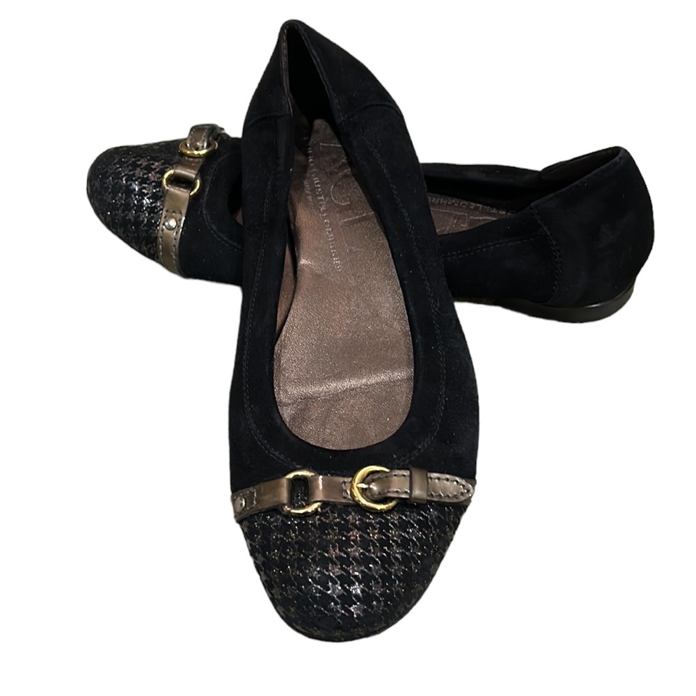 AGL Monika Black Suede Leather Metallic Gold Houndstooth Cap Toe Flats - 8.5